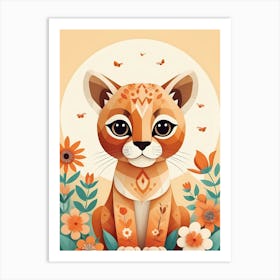 Floral Cute Baby Puma Nursery Illustration (24) Art Print
