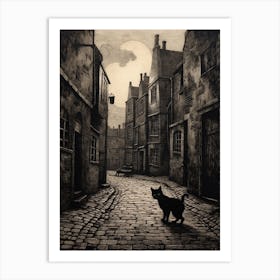 Black Cat At Night On Cobbled Street In Medieval Town Art Print