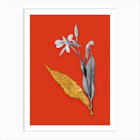 Vintage Bandana of the Everglades Black and White Gold Leaf Floral Art on Tomato Red n.0640 Art Print