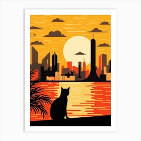Doha, Qatar Skyline With A Cat 2 Art Print
