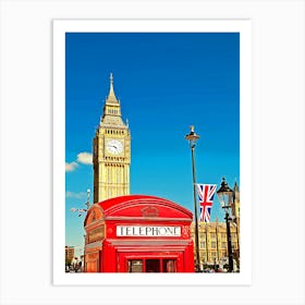 London Red Telephone Box And Big Ben Art Print