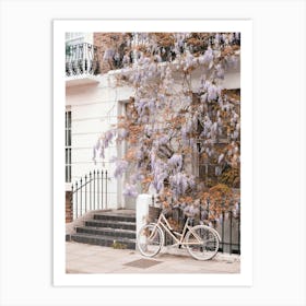 London, England I Primrose Romantic street photography with vintage bike and wisteria flowers like Bridgerton to elegant white Victorian architecture of a boho bohemian London street city urban landscape Art Print