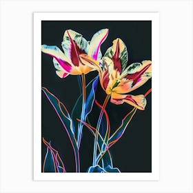 Neon Flowers On Black Tulip 1 Art Print