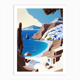 Santorin, Greece - Retro Landscape Beach and Coastal Theme Travel Poster Art Print