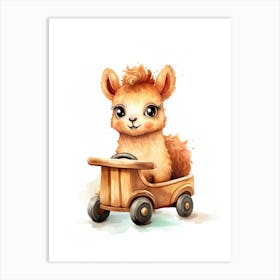 Baby Llama On A Toy Car, Watercolour Nursery 3 Art Print