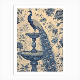 Vintage Peacock Cream & Blue On A Fountain Art Print