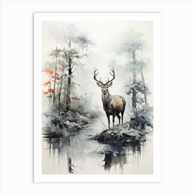 Deer, Japanese Brush Painting, Ukiyo E, Minimal 1 Art Print