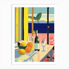 Painting Of A Lemons And Wine, Frenchch Riviera View, Checkered Cloth, Matisse Style 7 Art Print