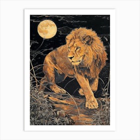 Barbary Lion Relief Illustration Night 4 Art Print