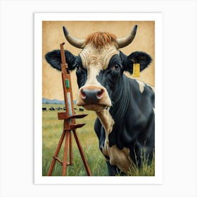 Cow With Easel Art Print