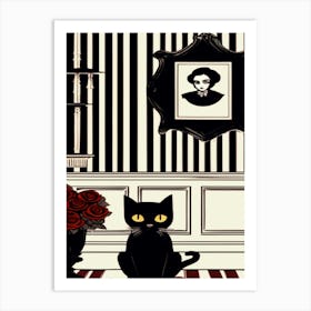 Black Cat, Roses, Stripes Art Print