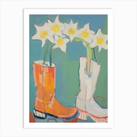 A Painting Of Cowboy Boots With Daffodil Flowers, Pop Art Style 3 Art Print