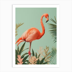 American Flamingo And Bromeliads Minimalist Illustration 4 Art Print