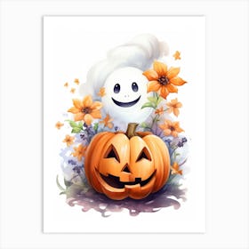 Cute Ghost With Pumpkins Halloween Watercolour 16 Art Print