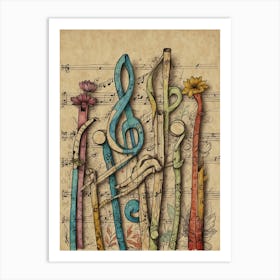 Music Notes And Flowers Art Print