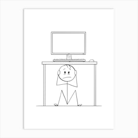 Stick Figure Sitting At Computer Art Print