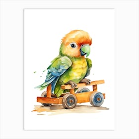 Baby Parrot On A Toy Car, Watercolour Nursery 1 Art Print