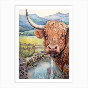 Linework Illustration Of A Highland Cow Pastel 1 Art Print