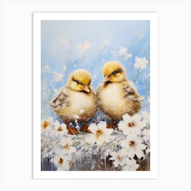 Snowy Winter Ducklings Floral Painting 2 Art Print