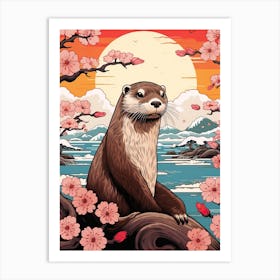 Otter Animal Drawing In The Style Of Ukiyo E 2 Art Print