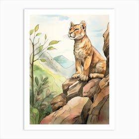 Storybook Animal Watercolour Mountain Lion 3 Art Print