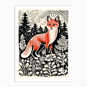 Linocut Red Fox Illustration 2 Art Print