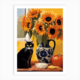 Sunflower Flower Vase And A Cat, A Painting In The Style Of Matisse 2 Art Print