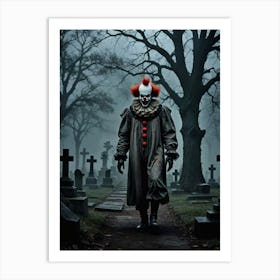 Tombstone Terror: The Clown’s Midnight Watch Freaky Clown In Cemetery Art Print