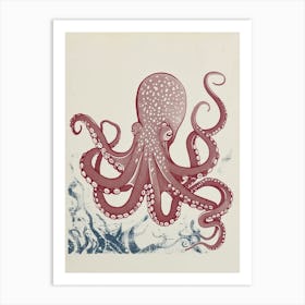 Hand Printed Style Red & Navy Octopus 3 Art Print