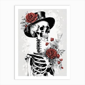 Floral Skeleton With Hat Ink Painting (60) Art Print