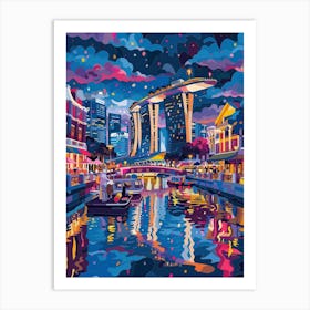 Singapore City At Night, Contemporary Art, Souvenir Art Print