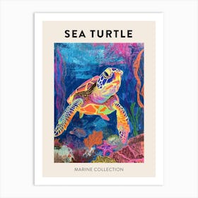 Rainbow Sea Turtle With Marine Plants Crayon Drawing Poster Art Print