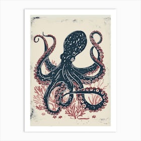 Octopus In The Ocean With Coral Linocut Inspired 1 Art Print