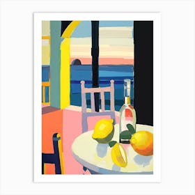 Painting Of A Lemons And Wine, Frenchch Riviera View, Checkered Cloth, Matisse Style 5 Art Print