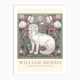 William Morris  Inspired  Classic Cats White Cat Sage And Pink Art Print