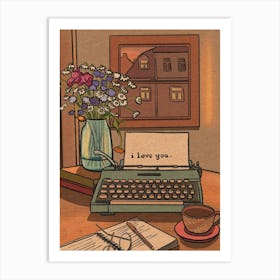 Typewriter Flowers Sunset Art Print