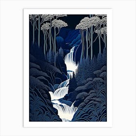 Waterfalls In Forest Water Landscapes Waterscape Linocut 1 Art Print