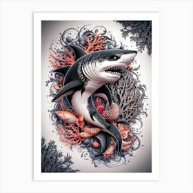 A Shark with Corals and Fish Sketch Art Print #4 Art Print