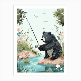 American Black Bear Fishing In A Stream Storybook Illustration 1 Art Print