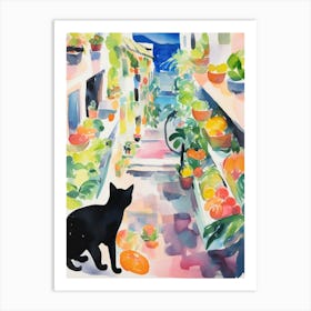 Food Market With Cats In Positano 1 Watercolour Art Print