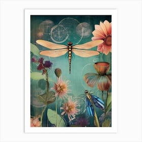 Dragonfly Collage Bright Colours 6 Art Print