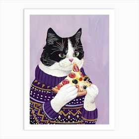 Happy Black And White Cat Pizza Lover Folk Illustration 3 Art Print