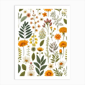 Seamless Pattern With Flowers And Leaves Art Print