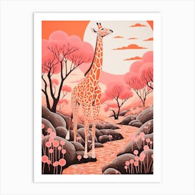 Giraffe In The Nature With Trees Pink 4 Art Print