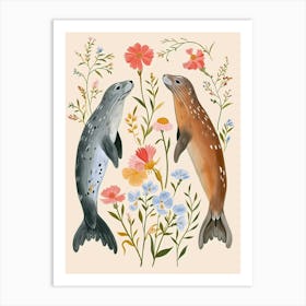 Folksy Floral Animal Drawing Harp Seal 2 Art Print