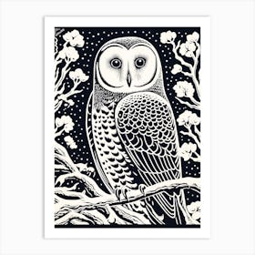 B&W Bird Linocut Snowy Owl 4 Art Print