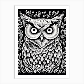 B&W Bird Linocut Great Horned Owl 3 Art Print