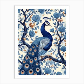 White & Blue Peacock Vintage Wallpaper Art Print