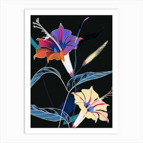 Neon Flowers On Black Morning Glory 6 Art Print