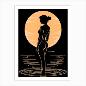 a woman silhouette in sunset tones against a black background. Art Print